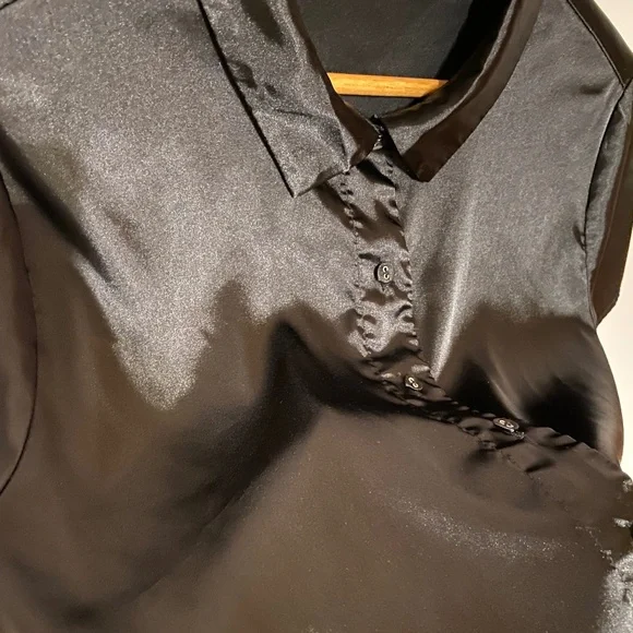 Which We Want Black Satin Short Sleeve Cropped Button Down - Picture 3 of 3